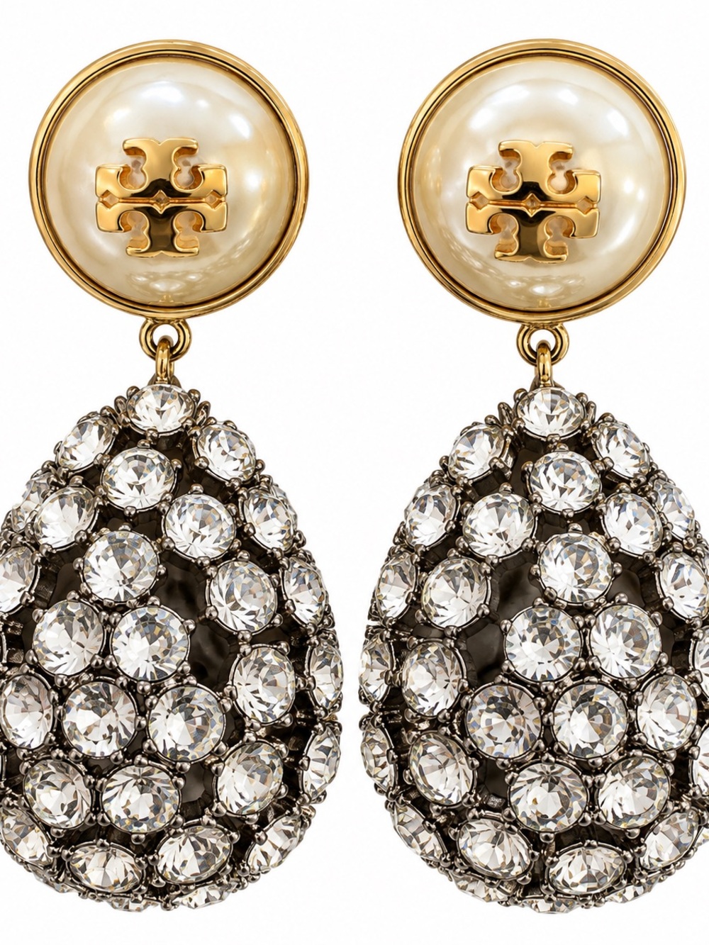 Tory Burch Double T Pearl Crystal Rhinestone Teardrop Statement Earrings